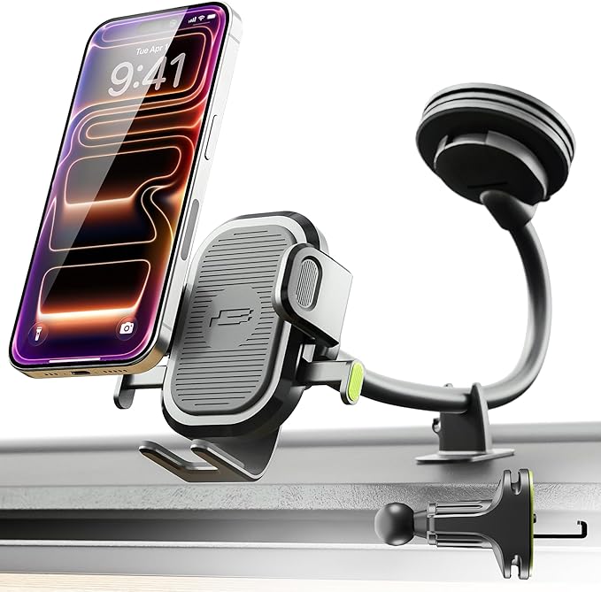 Bracketron OneClick Flexible Phone Holder for Car Dashboard,Windshield & Vent,3 in 1 Car Phone Holder with 7" Adjustable Gooseneck Arm,360 Rotation Car Phone Mount for All iPhone Android Smartphone.