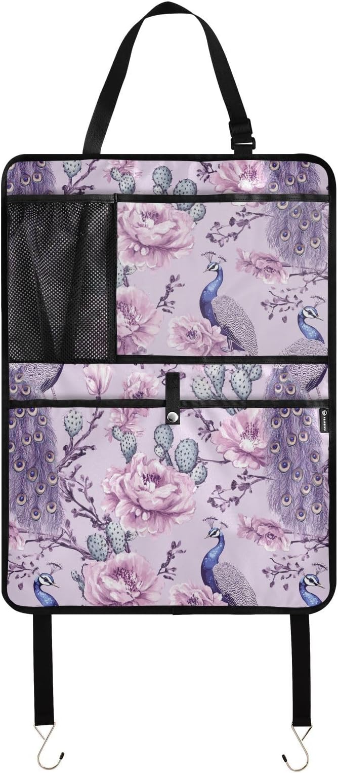 Purple Peacock and Cactus 01 2 Pack Backseat Car Organizer with Storage Pockets Seat Back Organizers for Kids Kick Mats Backseat Protector Automotive