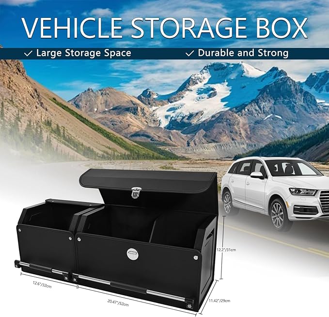 Car Trunk Organizer, Leather Trunk Organizer for SUV with Lid and Sturdy Handle Collapsible Adjustable Storage (Black, 33 x 11.4 x 12.2in)