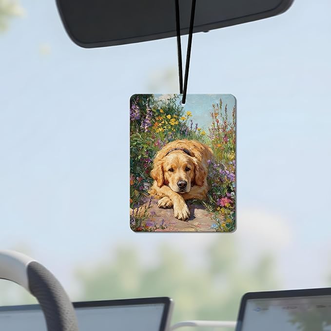 Vintage Golden Retriever Floral Air Freshener 4Pcs, Artistic Dog & Flower Field Air Freshener for Car Interior, Closet, Drawer, Books, Car Mirror Decor Hanging, Gift for Dog Lovers