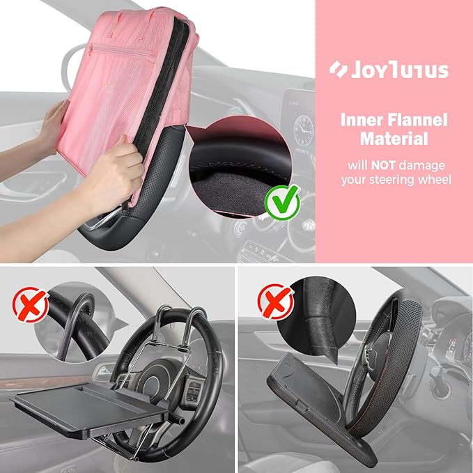 JOYTUTUS 3 in 1 Steering Wheel Eating Tray (Pink), Car Back Seat Laptop Desk, Multifunctional Office Bag Car Work Table for Writing, Car Organizer for Kids, Commuters, Family