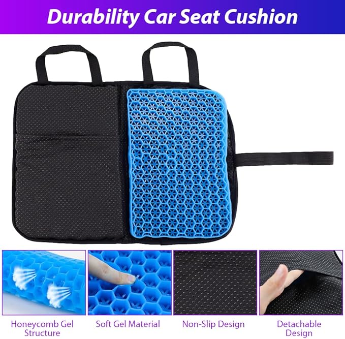 Gel Cushion Seat Pad, Portable Car Seat Cushion for Hip Pain, Massage Travel Cushions for Long Sitting Trips, Thick Gel Cushion for Pressure Relief, Office Chair, Car, Kayak, Coccyx, Wheelchair