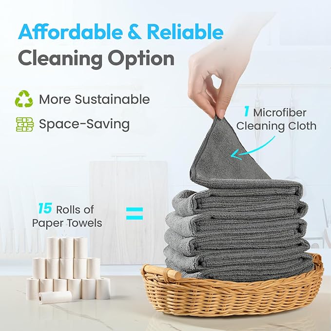 Microfiber Cleaning Cloth 12"X12" 12 Pack Grey Lint Free Microfiber Towels for Cars-Extra Thick, Streak-Free, Fast Absorbent - Reusable Multi-Purpose Housekeeping Rags for Cars