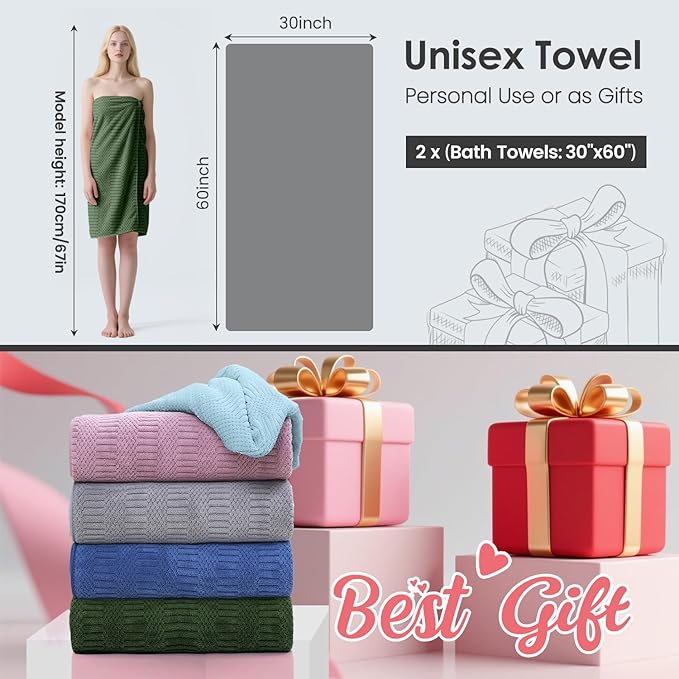 JML Microfiber Bath Towels, Large Bathroom Towel for Adult, Pack of 2, 30" x 60", Soft, Super Absorbent and Fast Drying, Use for Hair Wrap, Sport, Fitness, Yoga, Diamond Cross Grid Olive-Green