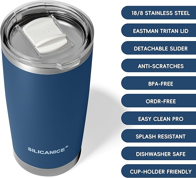 20oz Vacuum Insulated Tumbler - Double Wall Stainless Steel Coffee Mug with Detachable Slider Lid, BPA Free, Car Cup Holder Compatible - Gym/Office/Travel/Home -Navy Blue
