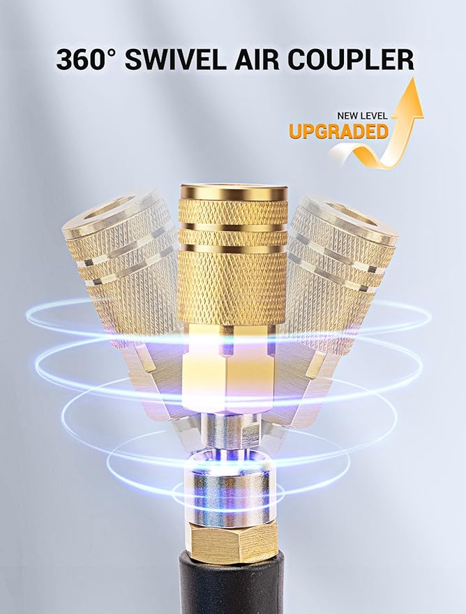 1/4 In x 28 Ft Polyurethane Recoil Air Hose, Upgraded Air Compressor Hose with Repairable Bend Restrictor, Air Hose kit w/ 360° Swivel 1/4" NPT Coupler & Brass Quick Connect Air Fittings