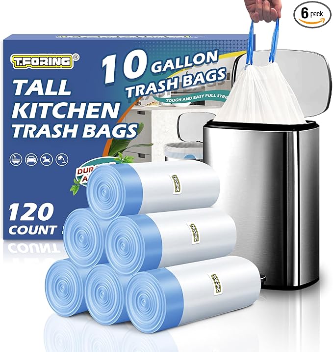 10 Gallon Trash Bags with Drawstring - 120 Count Heavy Duty 1.2 Mil Garbage Bags 38 Liter Unscented White Kitchen Bin Liners for Home & Office