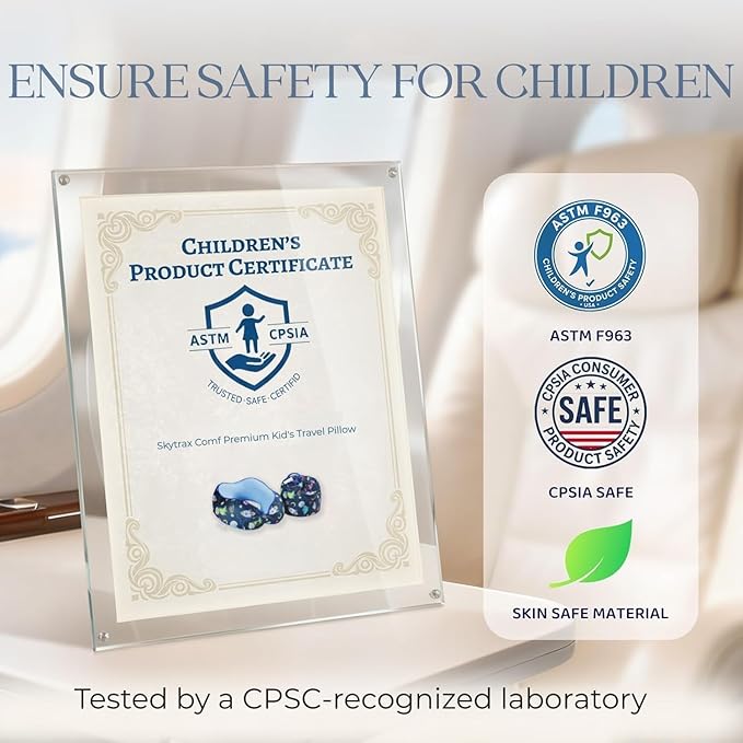 SKYTRAX® Certified Kids Safe Memory Foam Travel Neck Pillow for Kids and Toddlers, Cute Cartoon Design, Car Seat & Airplane Head Neck Support, Adjustable Snap Button, Washable Soft Cover (Dinosaur)