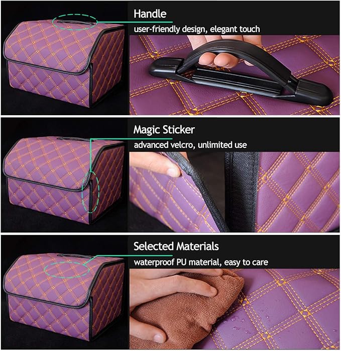Ergocar Car Trunk Organizer Luxury Foldable Car Boot Tidy Storage Box Waterproof PU Car Boot Storage Organiser for Car/SUV/Truck/Auto (Upgrade Purple-M)
