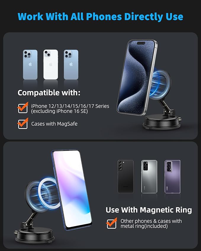 Vacuum Magnetic Suction Car Phone Holder for Magsafe, 360° Adjustable Suction Cup Phone Mount for Car Gym Mirror, Compatible with iPhone & Android