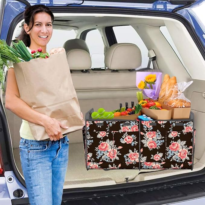 Homeve Trunk Organizer, Car Storage, Reinforced Handles, Collapsible Multi-Compartment Car Organizers, Foldable, Waterproof, 600D Oxford Polyester (Peony, 2 Compart)