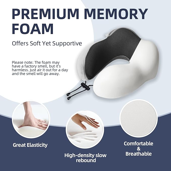 Travel Pillow with Extra Large Hood for Airplane Long Flights Privacy and Comfort Memory Foam with Velvet Cover for Road Trip Head&Neck Support for Plane Office Cars Sleeping & Rest (Light Grey)