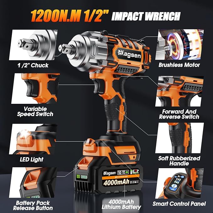 1/2 inch Cordless Impact Wrench, 900Ft-lbs (1200N.m) High Torque Brushless Impact Gun,3800RPM,2x4000mAh Battery, 5 Sockets,LED Light,Electric Impact Motor Variable Speeds for Car/Mower/Pickup