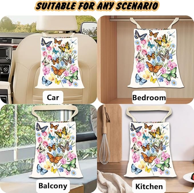 Car Garbage Bag Hanging Butterfly Car Trash Can Flowers Insect Pattern Polyester Washable Waterproof Cute Organizer Storage Bin for Vehicle Interior Travel Accessories Reusable Leak Proof