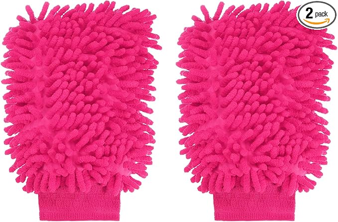 HARFINGTON 2pcs Premium Chenille Microfiber Car Wash Mitts 9.8" x 7.9" Scratch Free Wash Gloves Absorbent Double Sided Plush Cleaning Drying Mitts for Car Washing Home Rose Red