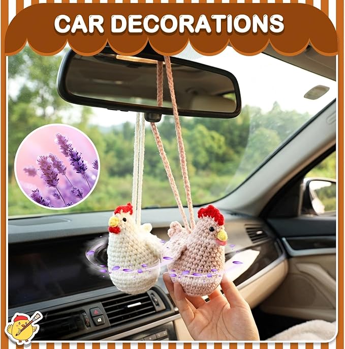 Soulchen 2 Pcs Handmade Crochet Car Air Freshener Cute Chicken Air Freshener Crochet Chicken Car Accessories Rearview Mirror Hanging Accessories for Automotive Interior Home Office Decor, Brown White