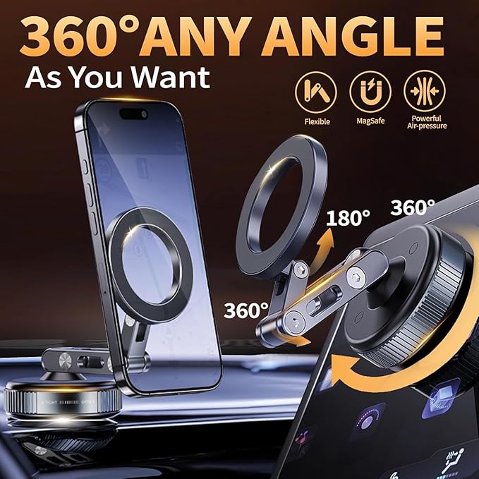 for MagSafe Car Mount – Vacuum Lock Magnetic Phone Holder with Strong Suction Cup, Adjustable Extendable Phone Stand, 360° Rotatable Dashboard & Windshield Mount for iPhone 16 15 14 13 12 Pro Max