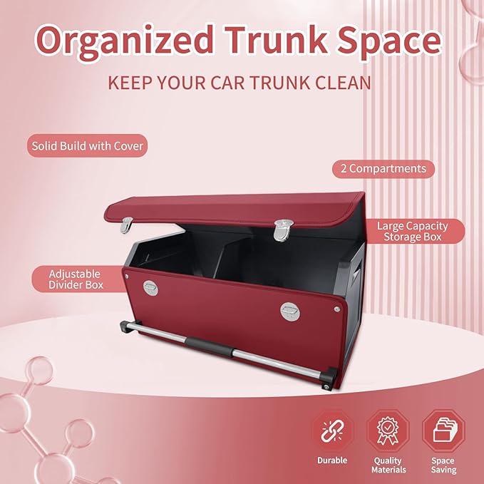Car Trunk Organizer, Trunk Organizer for SUV with Push-pull Handle and Lid Car Leather Trunk Storage Box (Claret, 27.17 x 11.42 x 12.2in)
