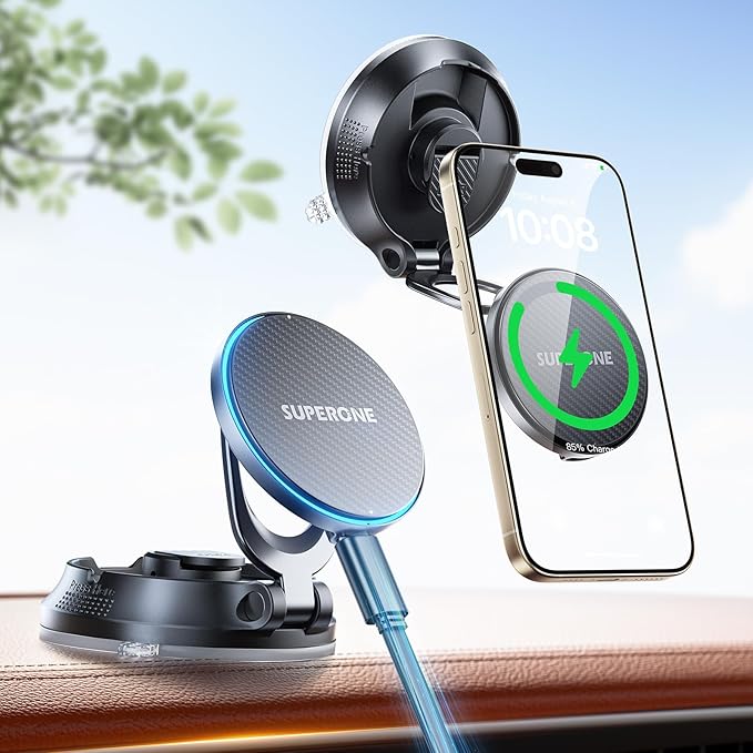 SUPERONE for MagSafe Car Mount Charger, 15W Magnetic Wireless Car Charger with Suction Cup, [Windshield+Dash] 360° Vacuum Phone Holders for Your Car for iPhone 17 16 15 14 13 12 Samsung with MagSafe