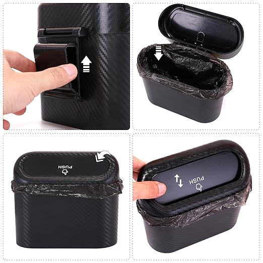 Ginsco Mini Car Trash Can with Lid, Small Car Garbage Can, Cute Leakproof ABS Car Trash Bin, Car Accessories for Interior, Garbage Bin for Car, Home, Office with 60pcs Trash Bags Carbon Fibre