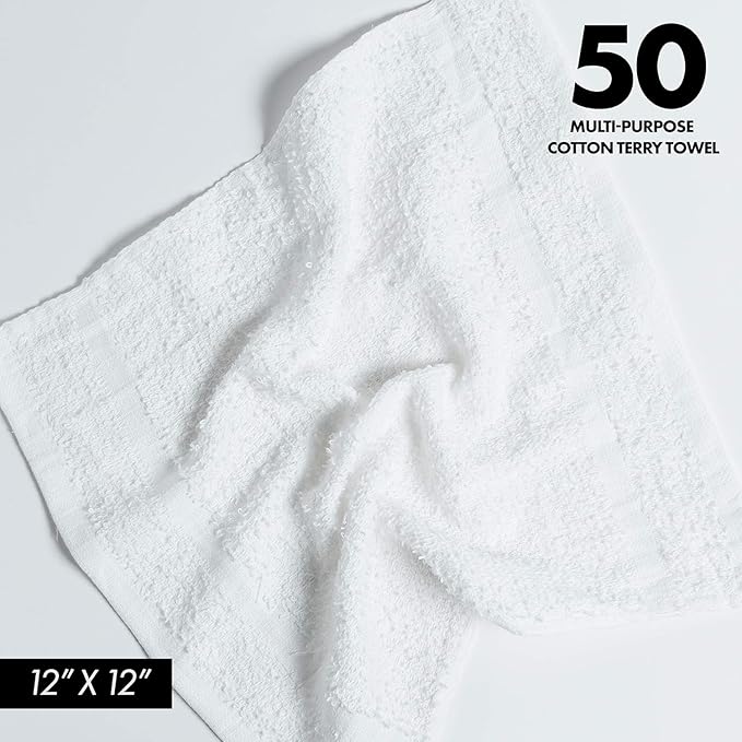 100% Cotton Terry Towels Cleaning Cloths Pack of 50 (12x12 Inches) White Cotton Terry Cloth Bar Rags White Bar Towels, Multipurpose High Absorbent Terry Towels for Cleaning Auto Detailing or Painters