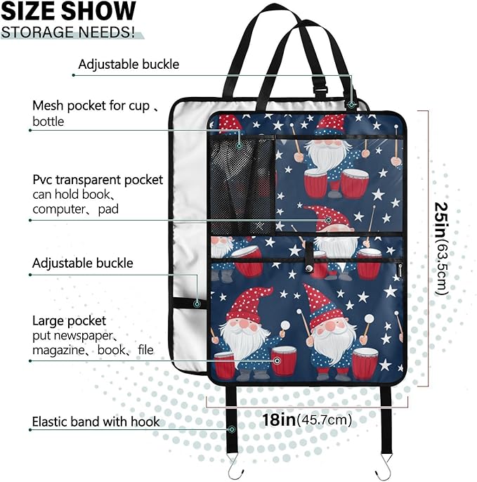 July 4th Gnomes Drum Dark Blue 1 Pack Backseat Car Organizer with Storage Pockets Seat Back Organizers for Kids Kick Mats Backseat Protector Automotive