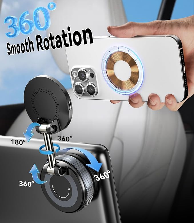 15W for MagSafe Car Mount Charger, Magnetic Wireless Car Phone Holder for iPhone 17 16 15 14 13 12 Pro Max, 360° Adjustable iPhone Charger for Car with USB C Car Charger Adapter