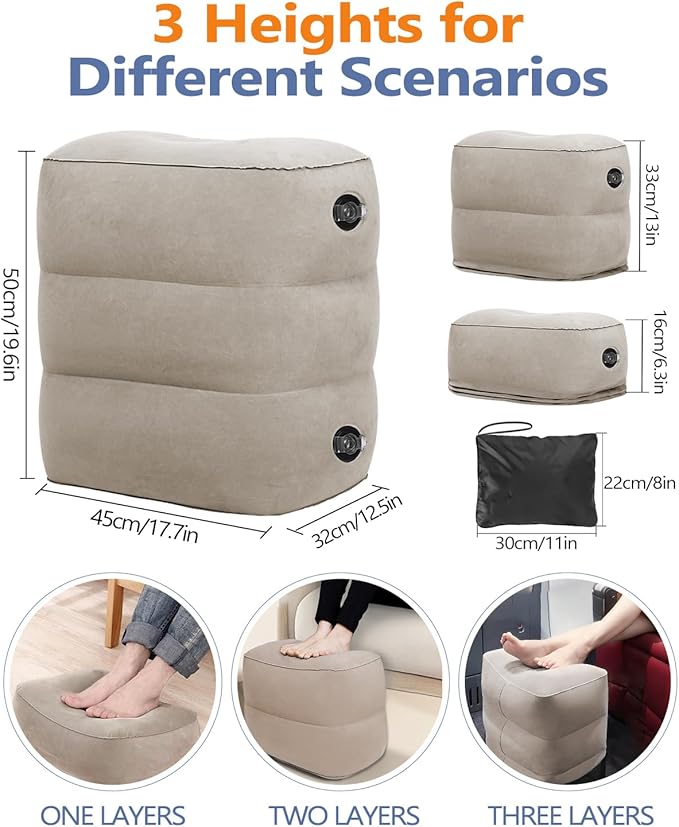 YSJILIDE Inflatable Travel Foot Rest Pillow, Travel foorest Pillow for Kids/Adults, Adjustable 3 Layers Height Leg Rest Pillow, Great for Living Room, Train, car (2 Pack)
