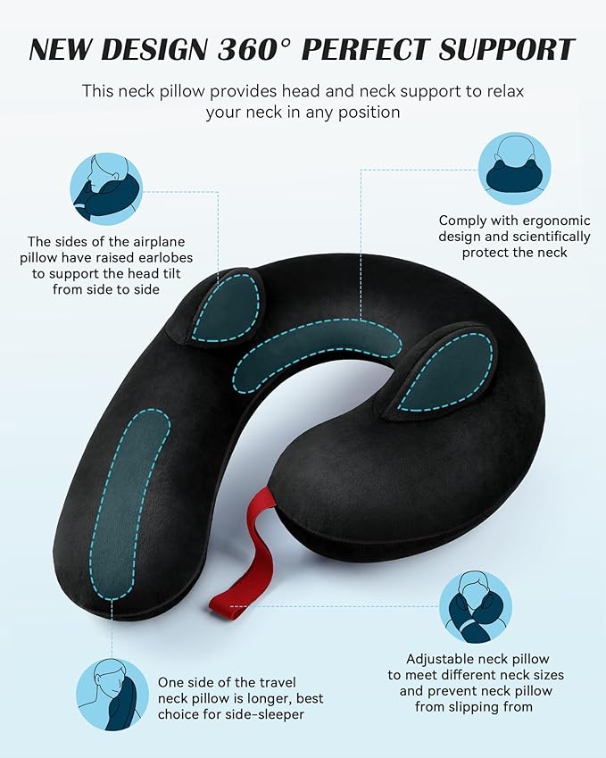 Patented Design Inflatable Travel Neck Pillow – Airplane Neck Pillow with 360° Head & Neck Support, Soft Washable Velvet Cover, Compact Neck Support Pillow for Airplane,Train,Car,Office & Home (Black)