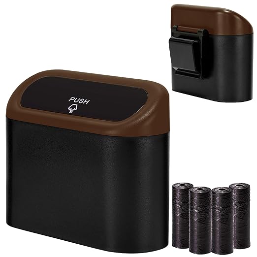 Ginsco Mini Car Trash Can with Lid, Small Car Garbage Can, Cute Leakproof ABS Car Trash Bin, Car Accessories for Interior, Garbage Bin for Car, Home, Office with 60pcs Trash Bags Black/Brown