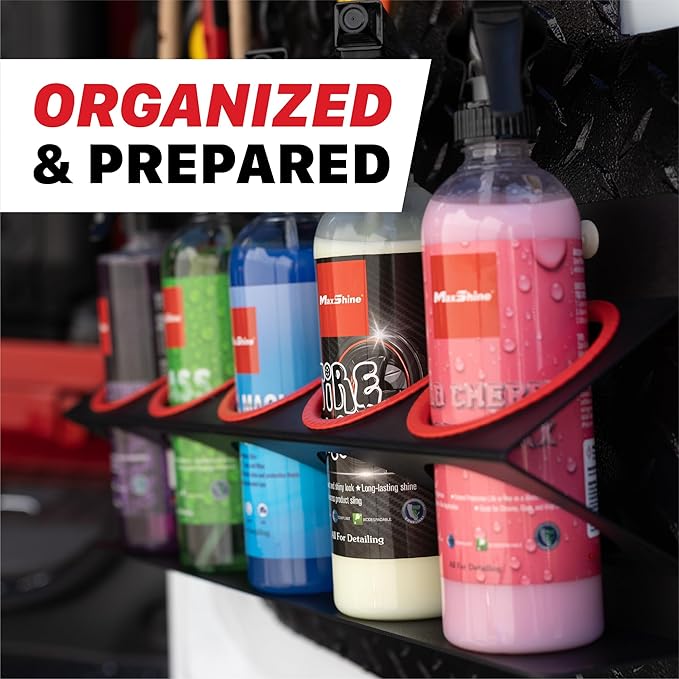 Maxshine Universal Detailing Spray Bottle Holder – Mobile Detailing & Car Garage Organizer, Holds 5 Bottles (16/32oz) with 4 Small Holes – Lightweight Design, Easy Wall Mounting