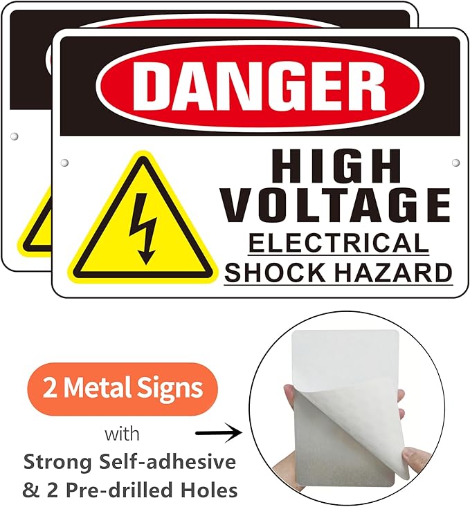 Danger High Voltage Sign, (2 Pack) Self Adhesive Aluminum Metal Electrial Shock Hazard Signs for Indoor Outdoor Use, Rust Free and Reflective Sticker (9 x 6 inches, Black/White)