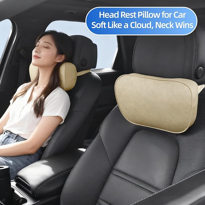 Car Neck Pillow for Headrest, 2 Pack PU Leather Car Headrest Pillow for Neck Support, Super Soft Ergonomic Du-Pont Bio Cotton Travel Pillow with Adjustable Strap (Beige, Shaped Style)