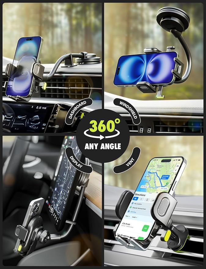 Bracketron OneClick Flexible Phone Holder for Car Dashboard,Windshield & Vent,3 in 1 Car Phone Holder with 7" Adjustable Gooseneck Arm,360 Rotation Car Phone Mount for All iPhone Android Smartphone.