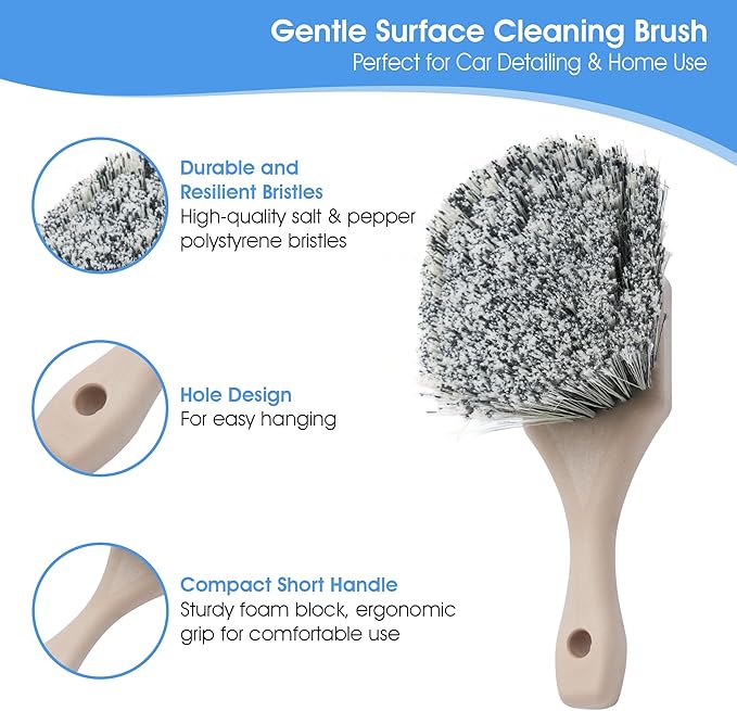 Nanoskin Professional 8.5-Inch Gentle Surface Cleaning Brush with Durable Salt & Pepper Polystyrene Bristles, Compact Short Handle, Resistant to Acids/Detergents, Perfect for Car Detailing & Home Use