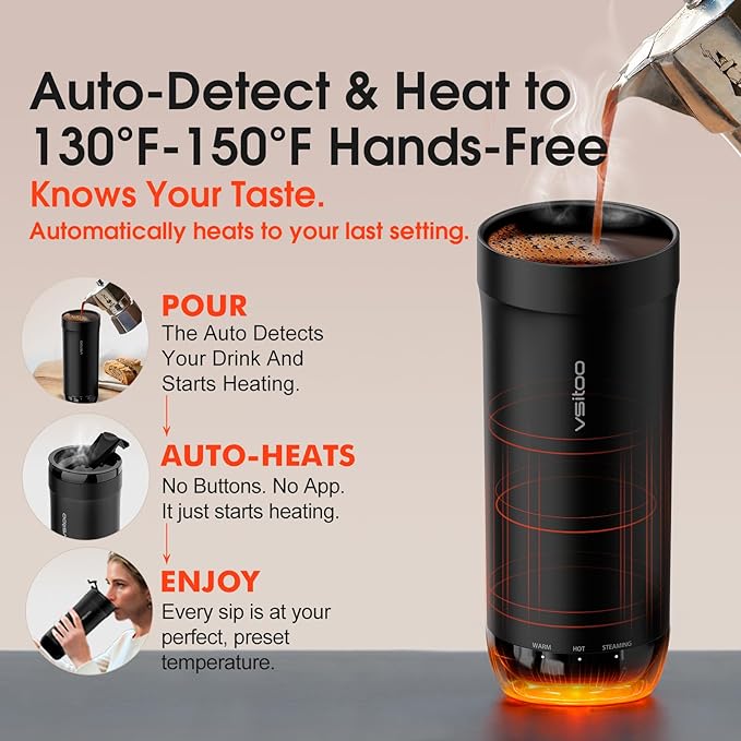 VSITOO S5 heated travel mug,16oz, Auto-Sensing AI Heats Drinks To 120-150°F Hands-Free. Temperature Control for All Cars, Perfect for Home/Office/Travel/Outdoor, Ideal Gift for Coffee Lovers - Black