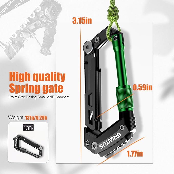 Carabiner Multitool with Pocket Knives, EDC Carabiners, Serrated Knife, Rope Cutter, Screwdriver, Can Bottle Opener, Ruler, Folding Knife for Camping Hiking, Gifts for Men (Green)