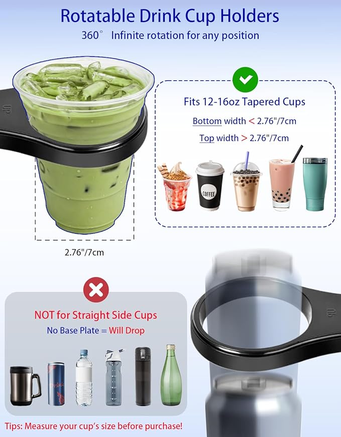 Car Cup Holder Tray - 4 in 1 Adjustable Car Cup Holder Expander with 360° Rotatable Food Tray Table and Phone Mount for Driver and Front Passenger, Automotive Road Trip Essentials