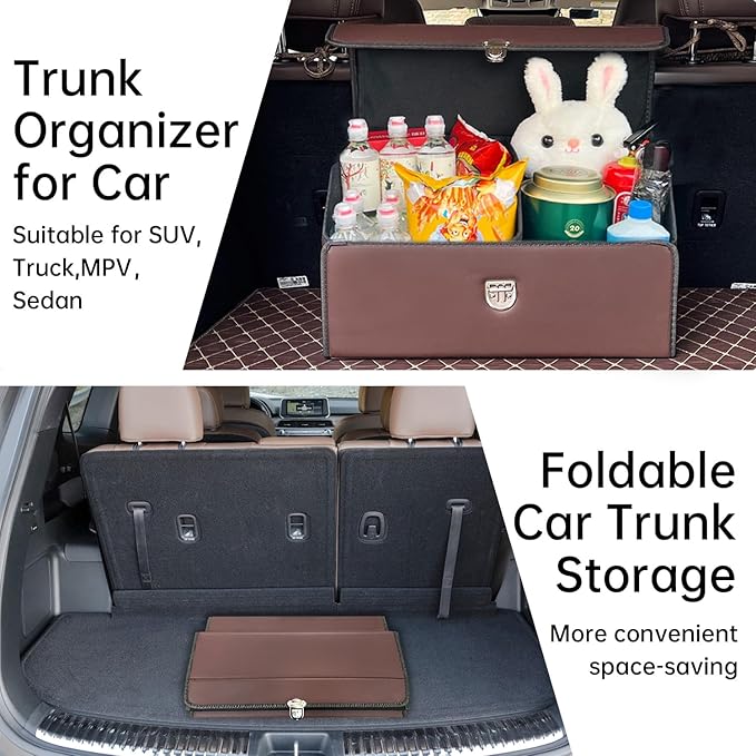 Trunk Organizer for Car With Lid,Foldable Trunk Organizer for SUVs & Sedans,Multi-Functional Leather Storage Box - Brown - Small
