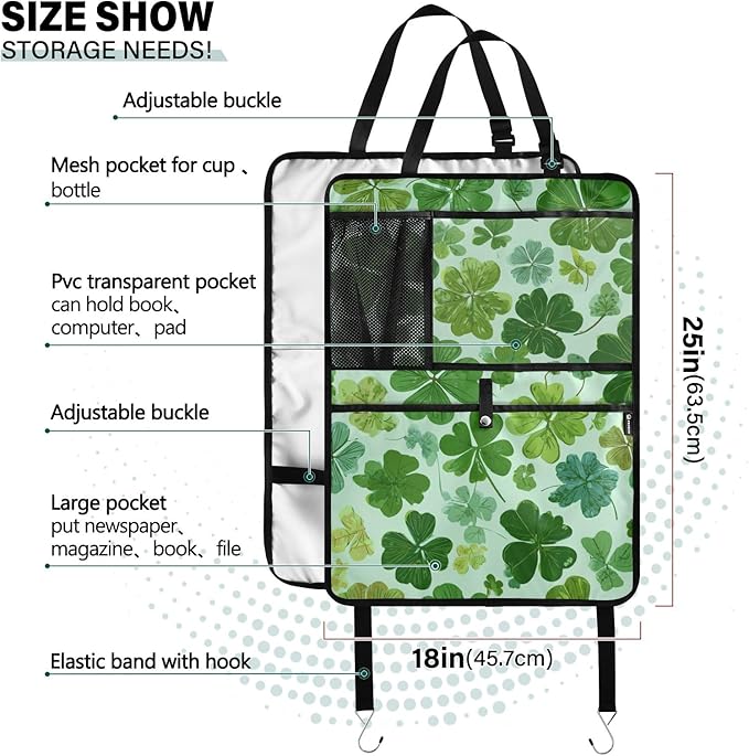 1 Pack Back Seat Car Organizer with Storage Pockets Kick Mats Back Seat Protector Hanging Car Organizer Automotive Seat Back Cover Organizers Green Nature St Patrick Clovers