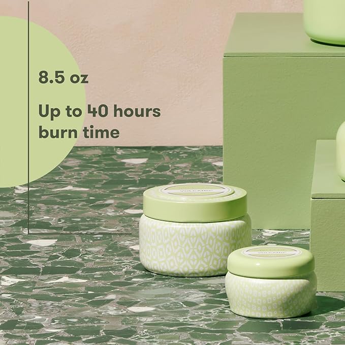 Capri Blue Volcano Scented Candles - Printed Travel Tin - Blended Soy Candles for Home Scented with Tropical Fruits & Sugared Citrus - Spring Home Decor (Iced Matcha Green Color, 8.5 oz)