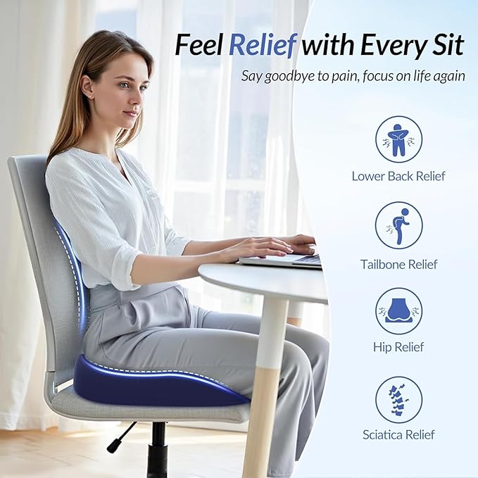 ZIKEE Ergonomic Seat Cushion with Thigh Relief Slope, Office Chair Cushion with Premium Memory Foam for Car, Home, U-Shaped Design Alleviates Hip, Tailbone Pain, Anti-Slip Sciatica Pain Relief Pillow
