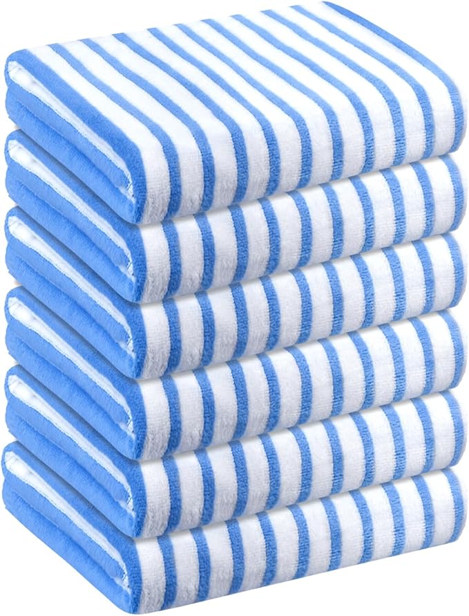 JML Microfiber Beach Towels, Large Bath Towel Set for Adult, 6 Pack, 27" x 55" - Cabana Stripe - Absorbent, Quick Dry for Pool, Bathroom, Sport, Yoga, Camping, Swimming, Dorm, Summer Party, Blue