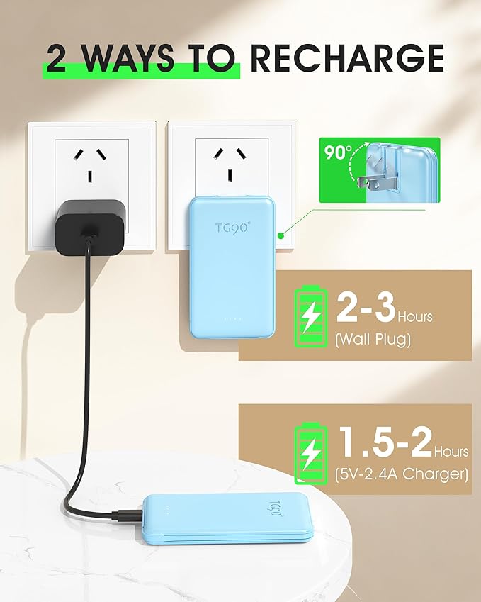TG90° Portable Charger Built-in AC Wall Plug and Cables, Slim Fast Charging Power Bank 5000mAh, Pocket Size USB C External Battery Pack Compact Travel Charger Compatible with iPhone, Samsung