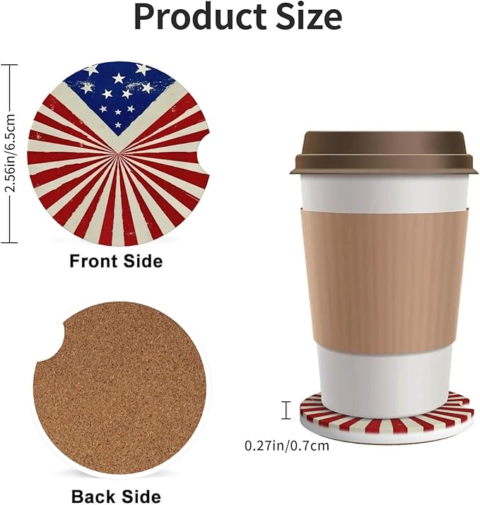 Absorbent Car Coasters for Cup Holders, 2 Pack Universal Anti Slip Ceramic Cup Coaster for Women Men 2.56 Inch Car Interior Accessories - Vintage Stars and Stripes 009