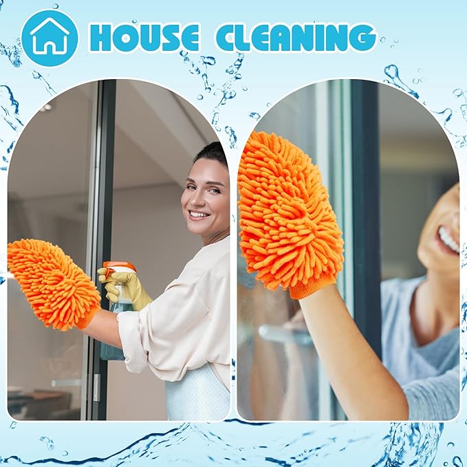 Toulite 16 Pcs Car Wash Mitt Chenille Microfiber Wash Mitt Double Sided Glove Cleaning Drying Mitts (7.48 x 10.24 Inch,Orange)