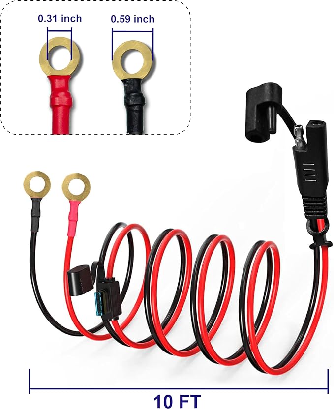 10AWG 10FT Charger Cable, SAE to O Ring Terminal Quick Disconnect Harness, 2 Pin SAE Connectors Extension Cables Cord with 15& 20A Fuse and 1 Reverse Plug for Car, Motorcycle, Solar Panel