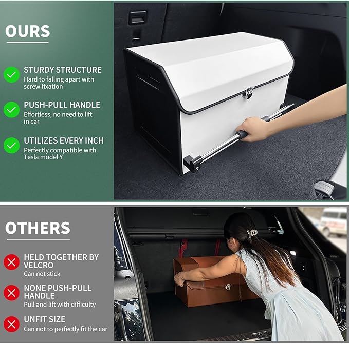 Car Trunk Organizer, Leather Collapsible Trunk Organizer for suv with Lid and Push-pull Handle Car Trunk Storage Organizer for Cars, SUV, Minivan, Truck, Sedan (White)