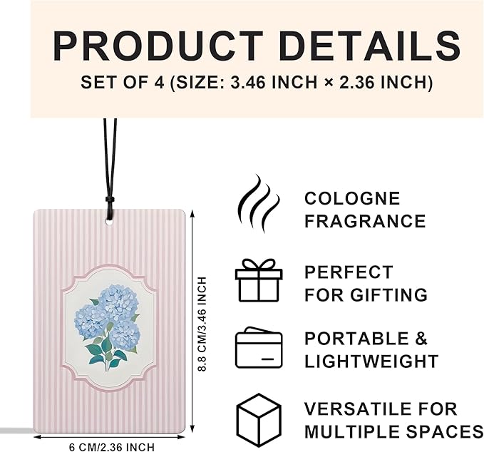 Rustic Blue Hydrangeas Floral Car Air Freshener 4 Pcs, Retro Cottagecore Flower Pink Striped Air Freshener Hanging for Cars Books Closet Drawer Bathroom, Preppy Girly Car Accessories for Women