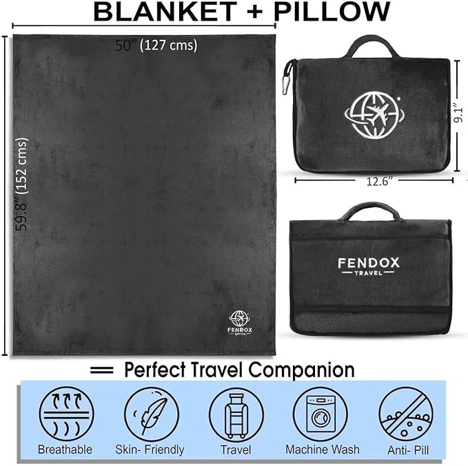 2-in-1 Travel Blanket and Pillow – Lightweight, Compact, Ultra Soft, Machine Washable – Handle, Luggage Sleeve, Backpack Clip – for Travel Airplane, Car, Office (Black)